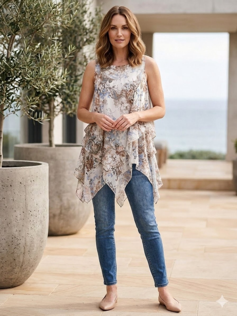 XL Tiered Lined Flowy Silk Top